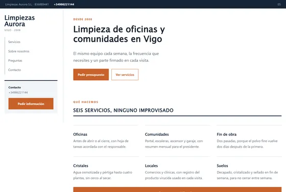 Portada de la web de Limpiezas Aurora